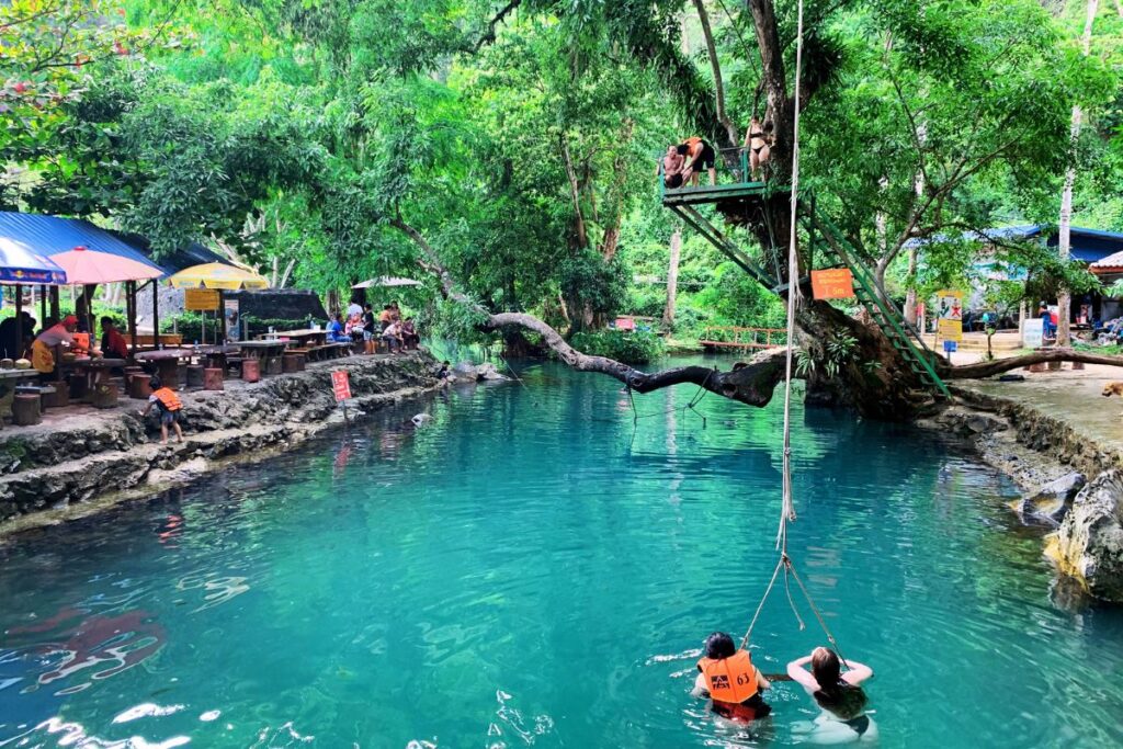 blue water with a diving platform and a swing in the water