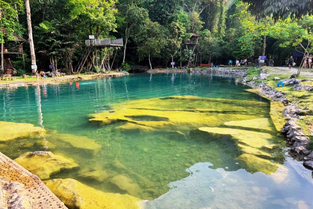 lagoon with shallow swimming area and a jumping platform