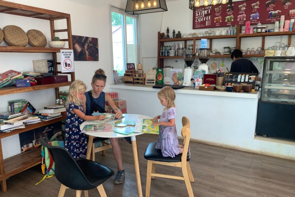 cafe with books with children reading