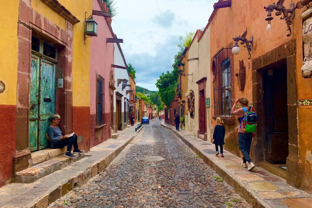 colonial street with cobblestone