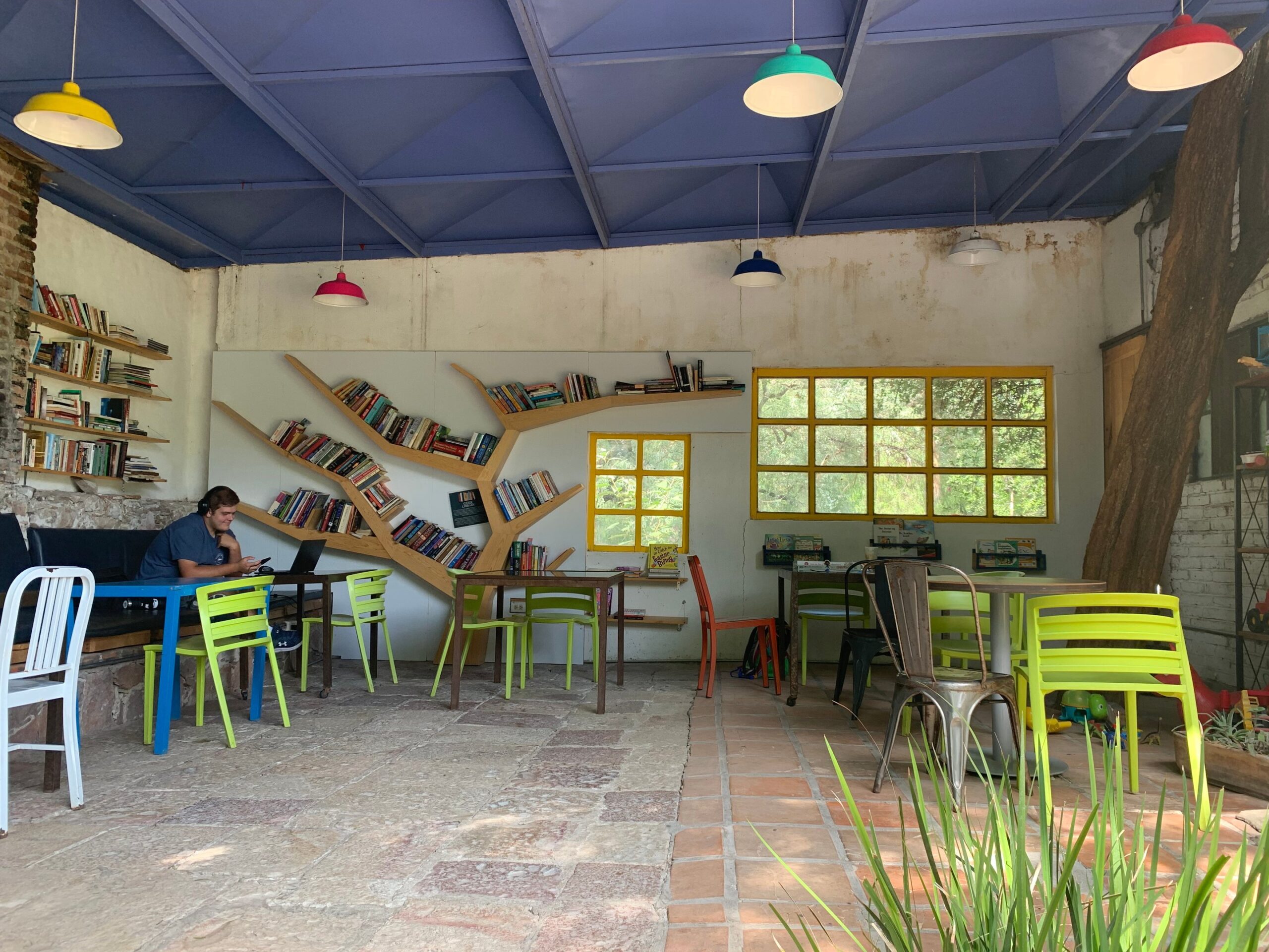coffee shop with customer working on a laptop