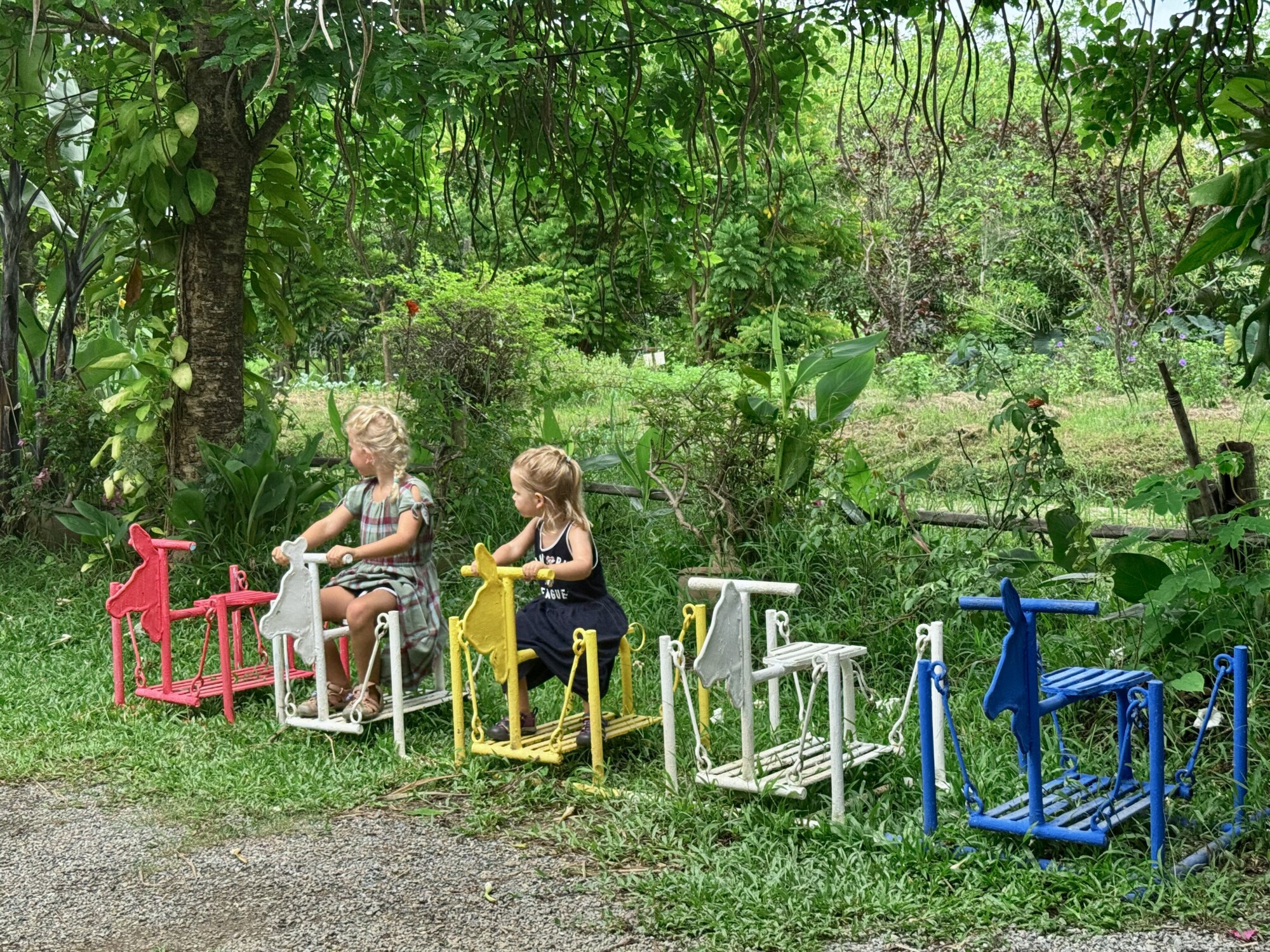 two girls on colorful rocking horses on a farm