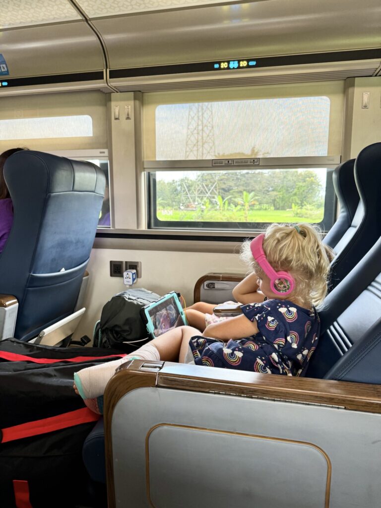 a girl with pink headphones watching a movie on a train