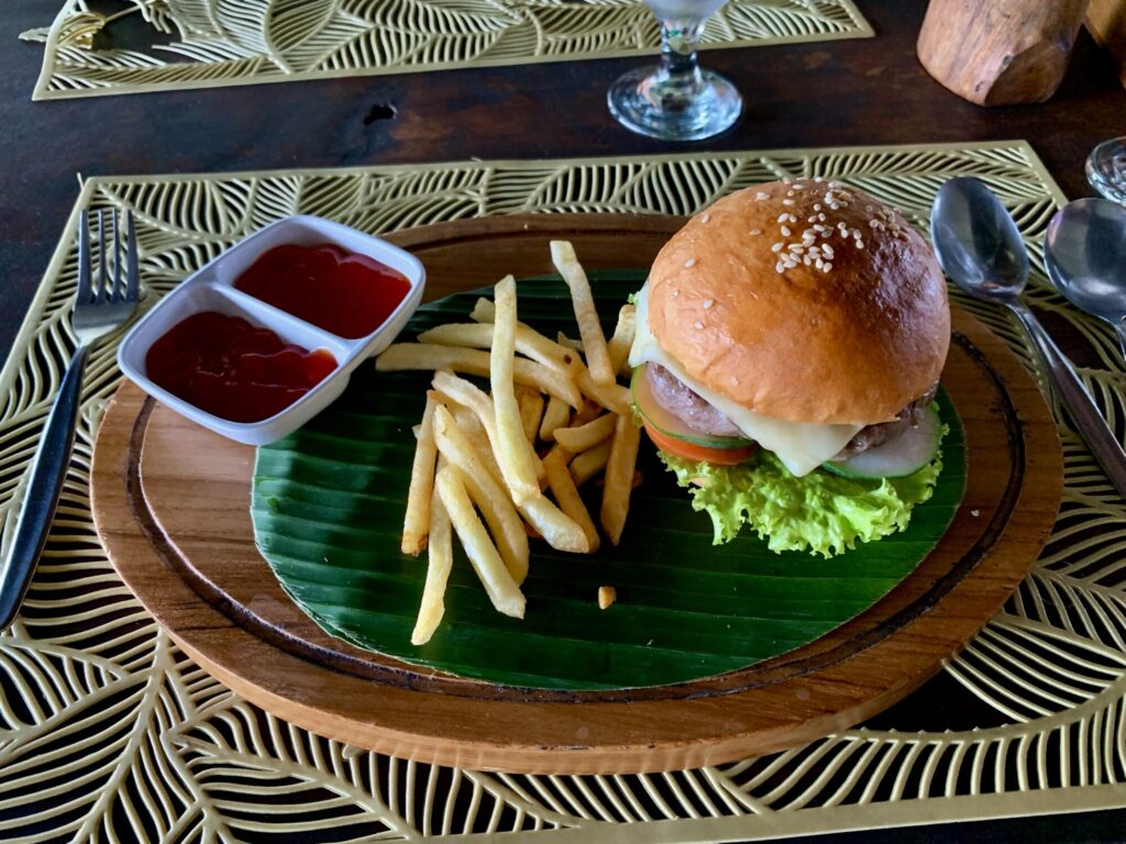 hamburger and french fries with ketchup