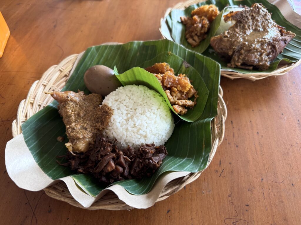 two plates of Gudeg with rice, chicken, egg, and jack fruit