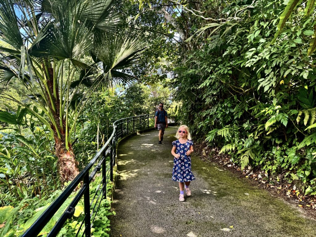 girl and father walking on a path in a jungle