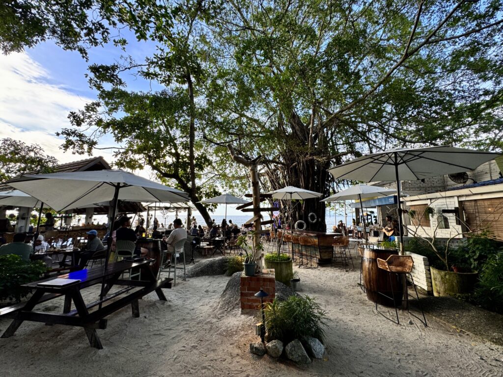 restaurant with tables on the sand and a large banyan tree