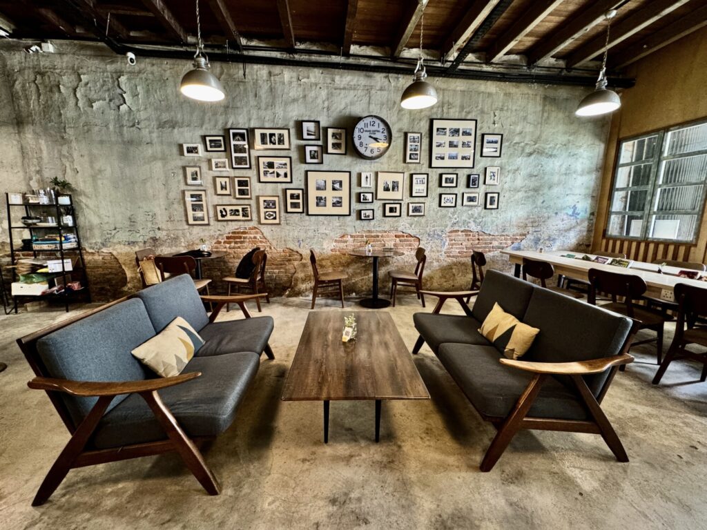 seating at a cafe with a rustic/industrial feel