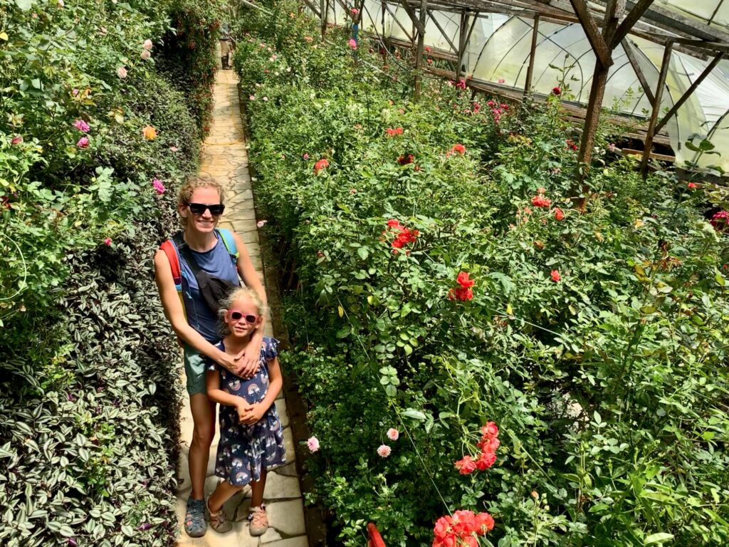 mother and daughter posing in a large rose garden