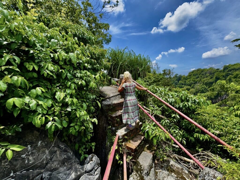 girl walking up steps while hiking on top up above the canopy of the jungle below
