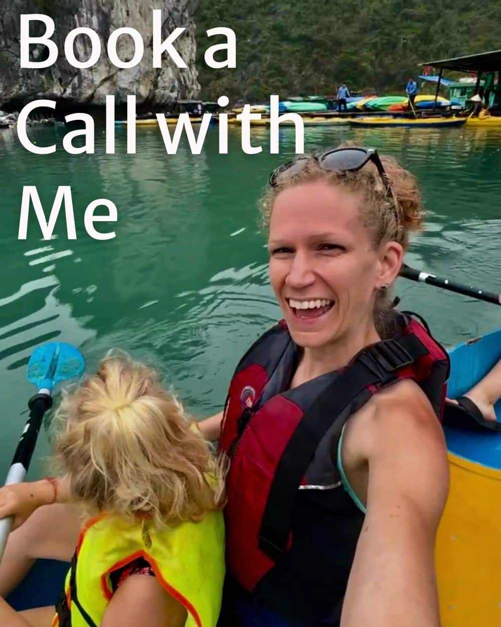 book a call with me, mom on a kayak