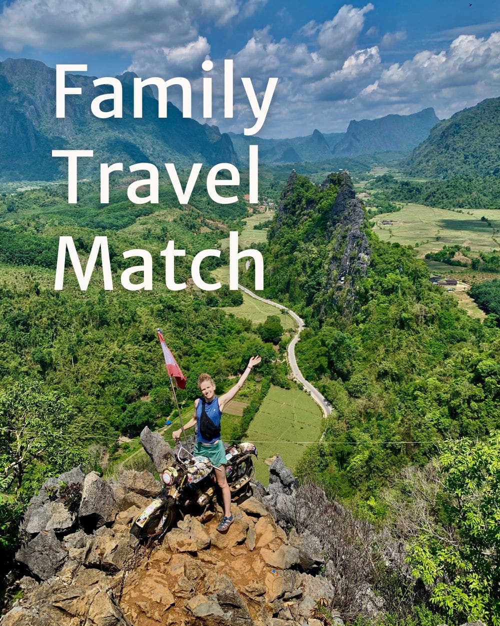 family travel match, woman on a motorcycle on top of a hill