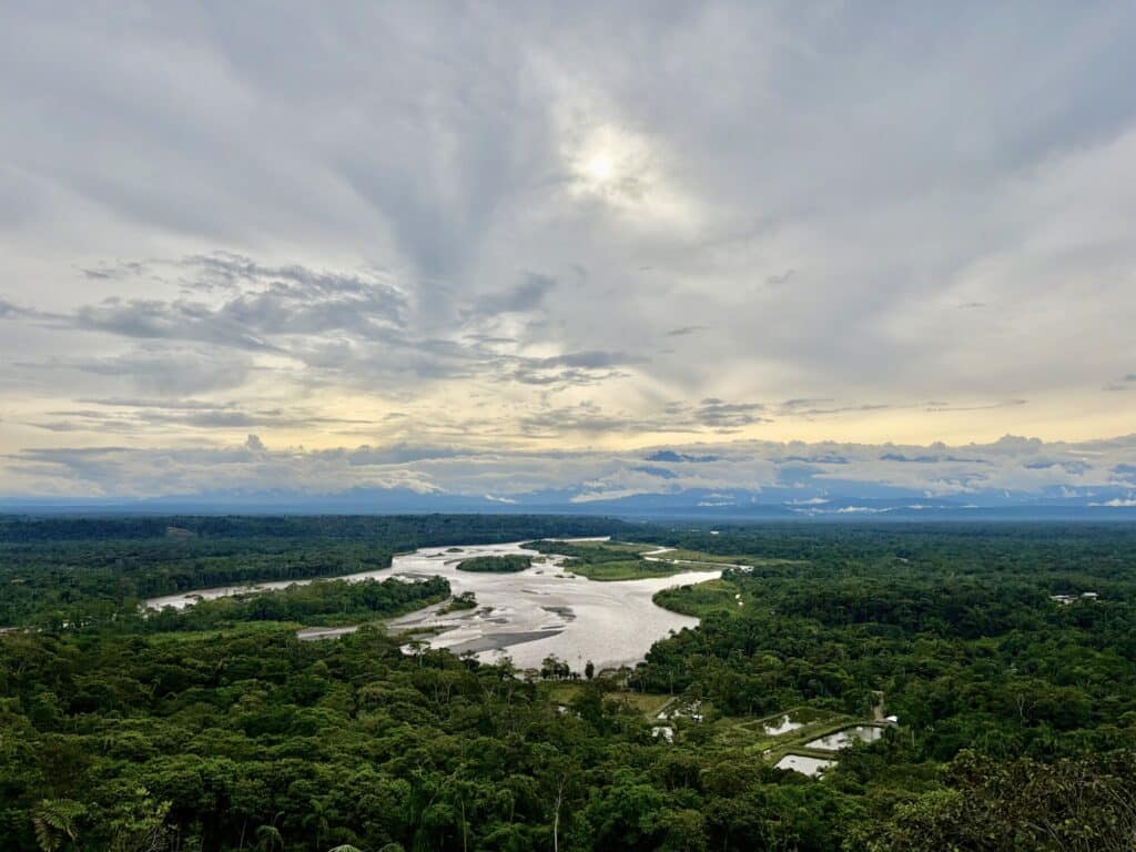 a view of a river delta with lush rainforest and clouds