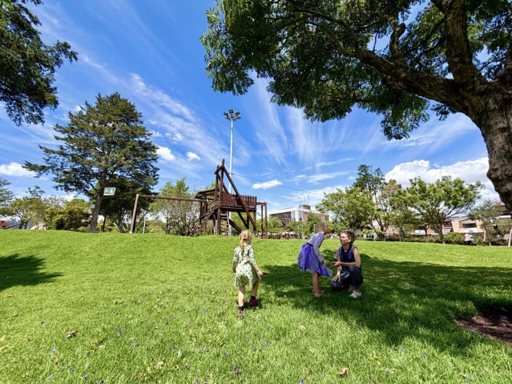 two girls and a mom playing in a park under a tree with clear blue sky with streaky clouds