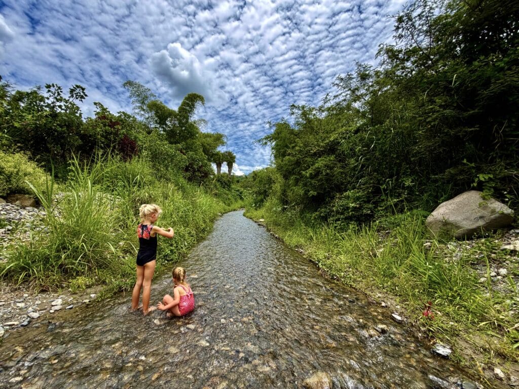 two girls playing in a creek the jungle like trees surrounding the creek