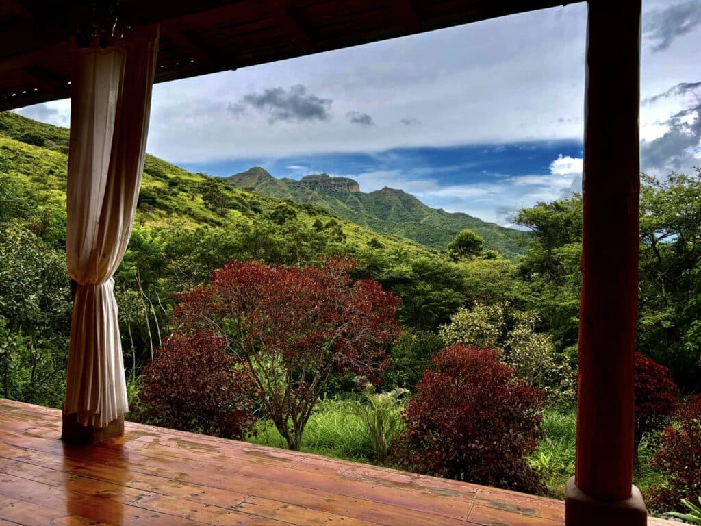 a yoga chateau overlooking beautiful mountains
