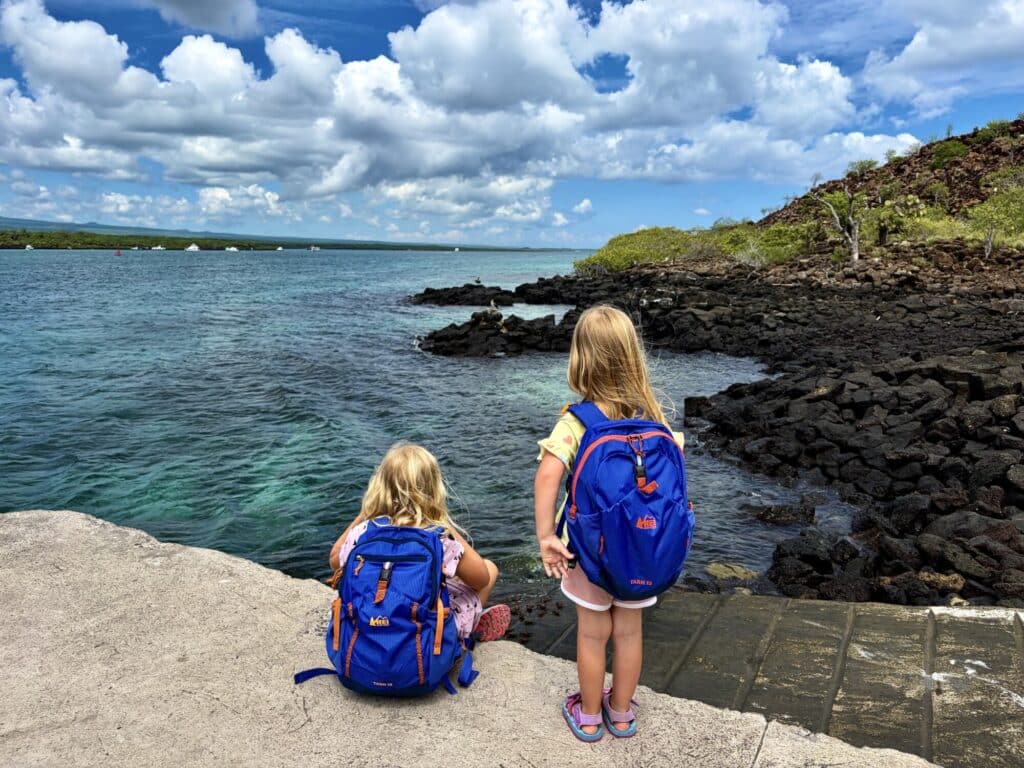 two girls with backpacks looking out at a body of water with rocky beach and clouds