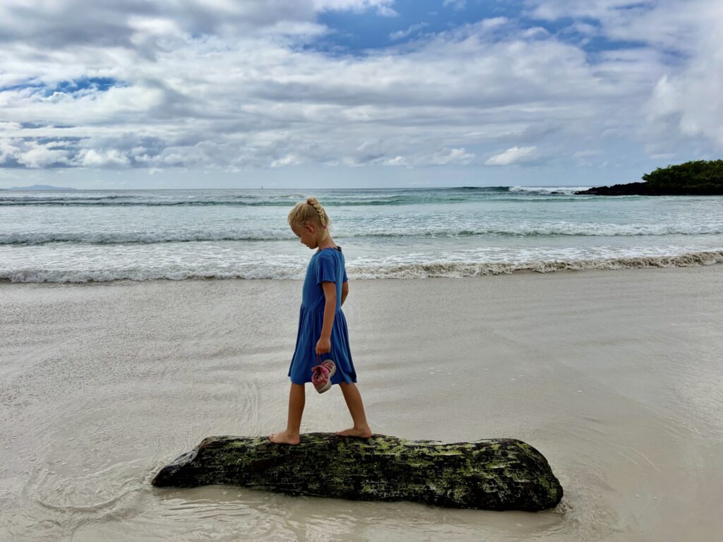 a girl standing on drift wood on a beach